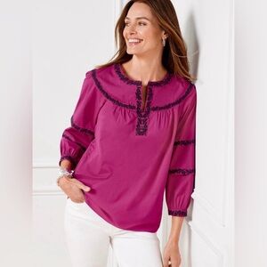 Women Talbots Fuchsia Pink Floral‎ Embroidered Peasant Blouse Size Large Elegant